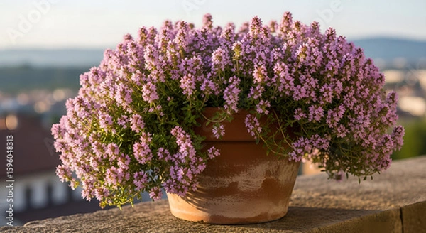 Fototapeta Blooming Thyme Aromatic Herb in Terracotta Pot, Captured in Soft Focus with a Serene Backdrop