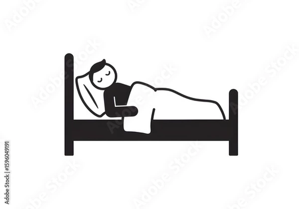 Fototapeta A simple black and white drawing of a person sleeping in a bed under a blanket on a pillow