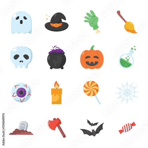 Fototapeta Flat Halloween Icon Set – Cute Spooky Ghost, Pumpkin, Zombie Hand, Witch Hat, Candy, Bat, Eyeball, Axe, Cauldron, and More – Perfect for Kids, Party, and Holiday Design Projects