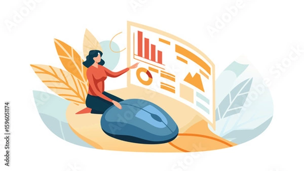 Obraz Woman interacting with data visualization on screen with large computer mouse design element is present