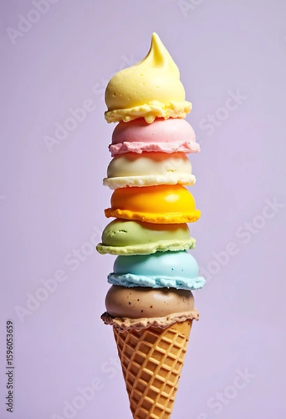 Fototapeta Colorful Stacked Ice Cream Scoops On A Waffle Cone
