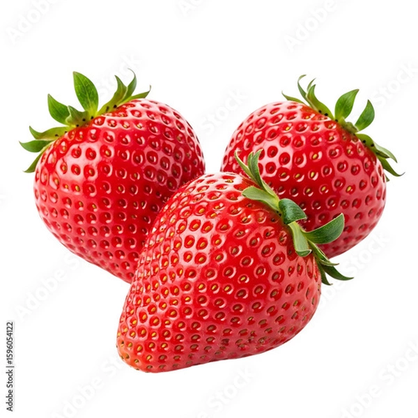 Fototapeta Three ripe red strawberries with green stems isolated on transparent background