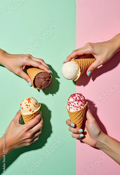 Fototapeta Multiple Hands Holding Ice Cream Cones With Diverse Flavors
