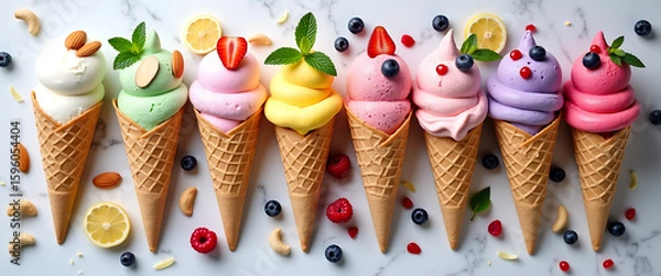 Fototapeta Delicious Frozen Treats With Waffle Cones And Berries
