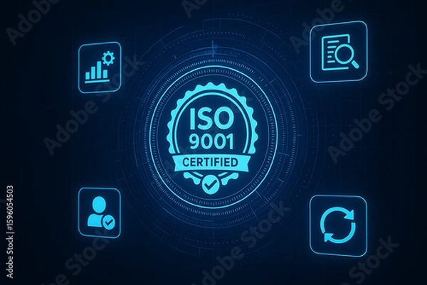 Fototapeta ISO 9001 certification, quality management, business compliance, certified document, ISO standard, ISO paperwork, quality assurance, compliance concept, certification stamp, ISO audit, red ISO 9001 st