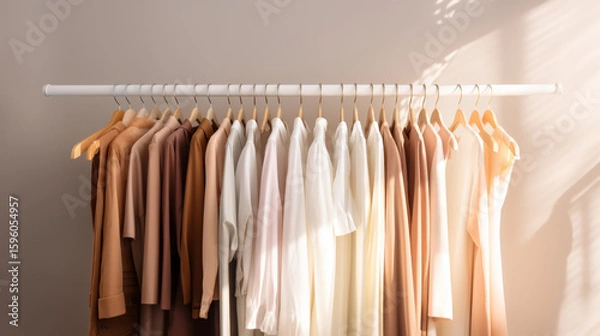 Fototapeta Neutral clothes hanging on a rail in a bright, organized closet, background
