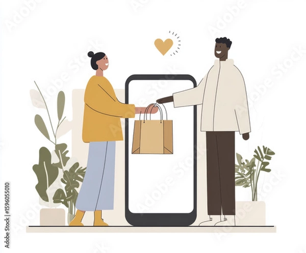 Fototapeta Ecommerce phone with two people exchanging red shopping bags, concept shopping