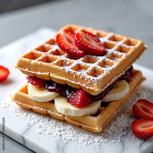 Fototapeta Breakfast Waffle With Fresh Strawberries And Sliced Bananas
