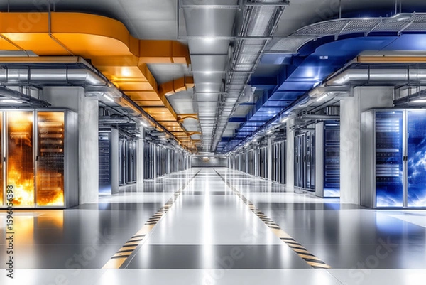 Fototapeta A modern data center with a hot and cold aisle cooling system, showing server racks with blue and orange lights representing cloud computing and big data infrastructure.