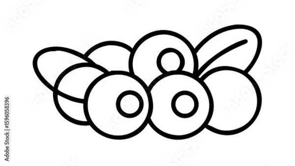 Obraz Precise outline of a blueberry cluster with overlapping circles, thin 1 pt stroke, isolated on white.

