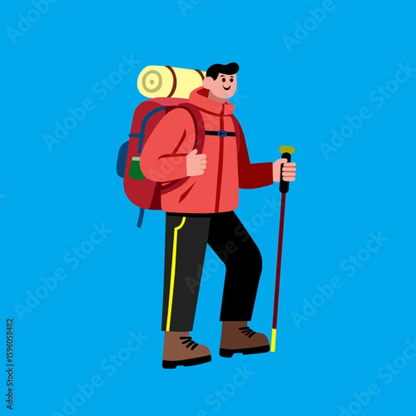 Fototapeta flat illustration of a character dressed for hiking and complete with equipment