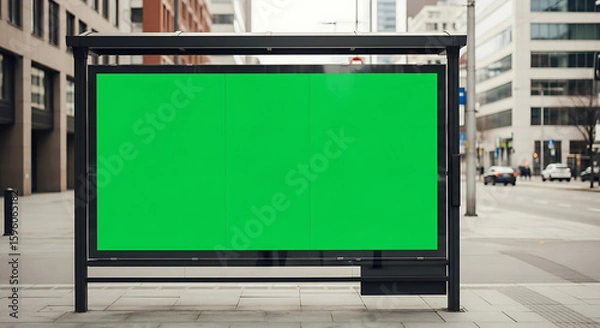 Obraz Urban bus shelter with a large blank green screen for advertising, a mockup on a city street.