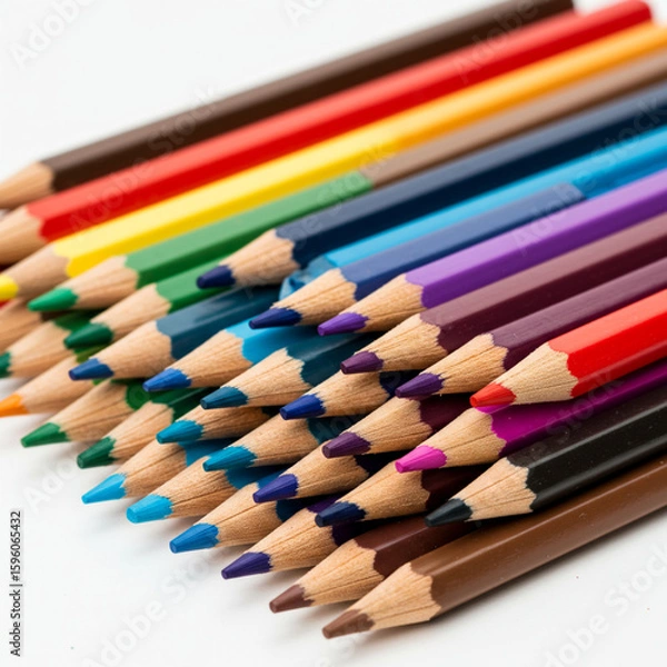 Fototapeta Rainbow Spectrum: Sharpened Colored Pencils Arranged on White Background in 8k.