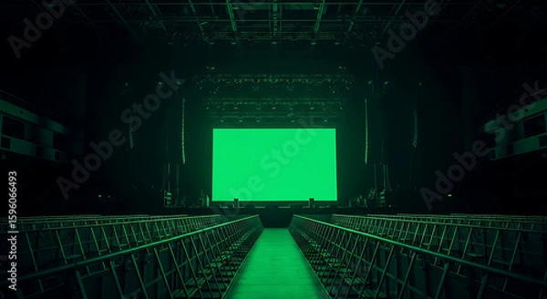 Fototapeta Dark concert venue with an empty stage and a central green chroma key screen, concept for virtual events.