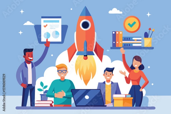 Fototapeta Diverse team celebrates successful business launch with a vibrant rocket illustration and positive progress charts