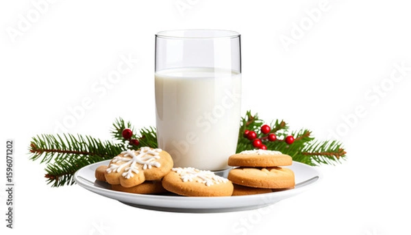 Fototapeta Glass of milk and biscuits in plate isolated on transparent background. Png