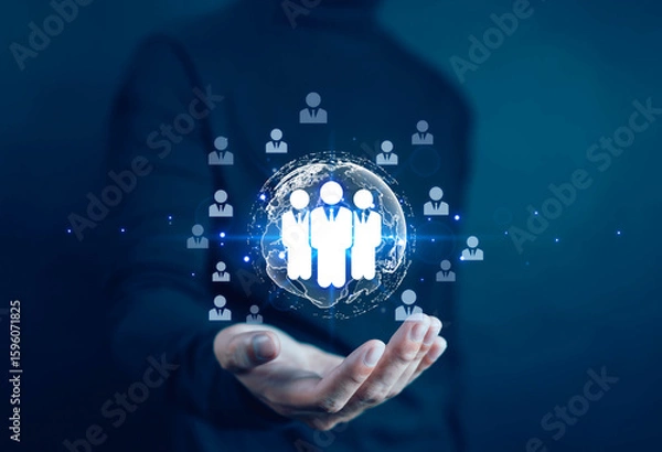 Obraz Businessman using people icon concept of development, data exchange, customer service, training, leadership, resources, policy, suggestions, professional team, recruitment, digital technology