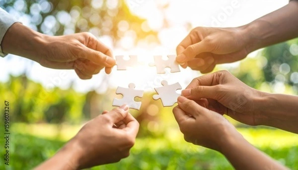 Obraz Four hands each holding a puzzle piece, coming together to complete a puzzle outdoors with a bright, natural background.