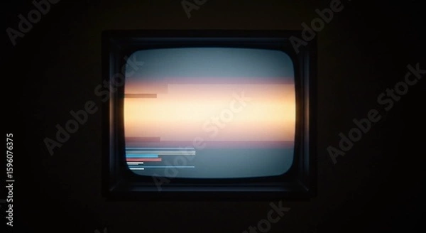 Obraz A vintage television screen displays static and distorted colors, suggesting a malfunction or lack of signal in a dimly lit room.