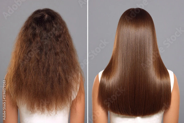 Fototapeta Before and after transformation showcases the effective difference a professional hair treatment can make on frizzy, unruly hair, resulting in smooth and shiny strands