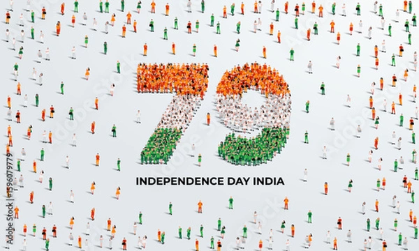 Fototapeta August 15 Happy Independence Day India Design. A large group of people form to create the number 79 as India celebrates its 79th National Day on the 15th of August.