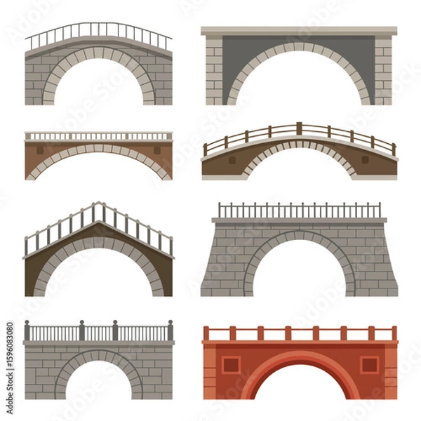 Fototapeta Collection of eight different architectural bridge designs in a flat illustration style