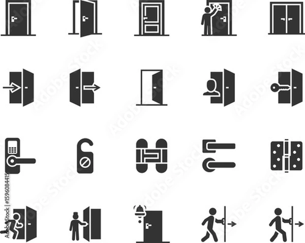 Fototapeta Vector set of door flat icons. Contains icons entrance, exit, open door, doorbell, knock, door handle, door hinge, emergency exit and more. Pixel perfect.