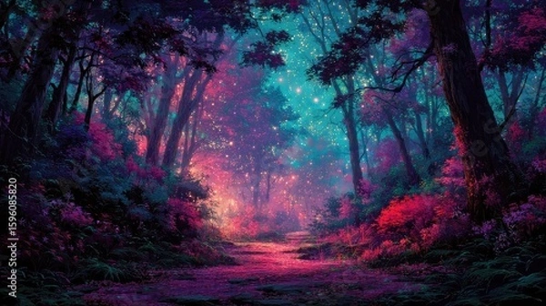 Fototapeta A magical forest path under a starry night sky.