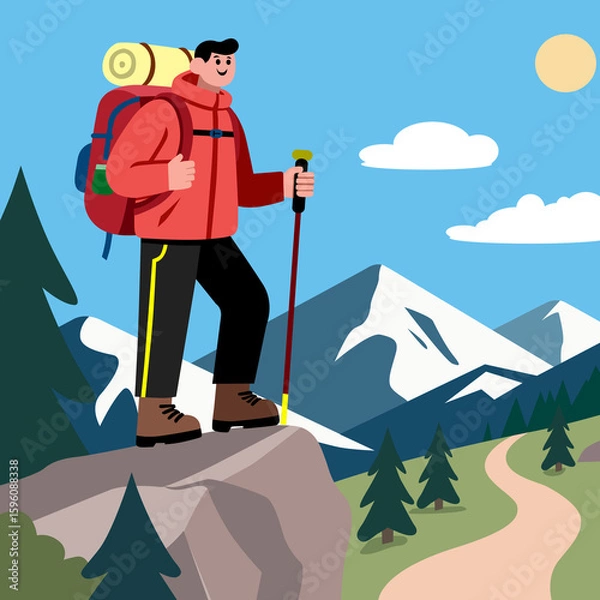 Fototapeta Flat illustration of an individual character who is going hiking in the mountains with adequate equipment for his journey.