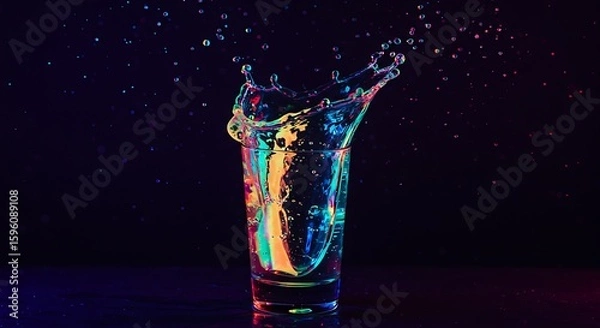 Fototapeta Vibrant liquid splash in a glass, illuminated with colorful lights against a dark background.