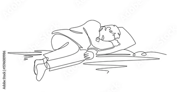 Obraz Tired man sleeping on pillow monochrome continuous line vector illustration simple hand drawn sketch