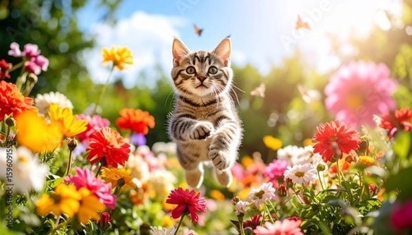 Fototapeta Playful Kitten Leaping Through a Vibrant Flower Garden
