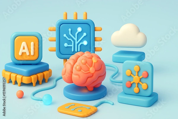 Fototapeta AI, Machine learning, 3d illustration network connection, Data exchange, deep learning, Science and artificial intelligence technology, innovation of futuristic. 