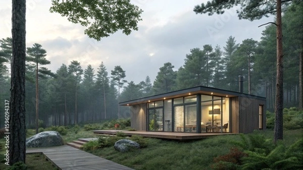 Obraz Tranquil Modern Cabin Retreat in a Misty Forest