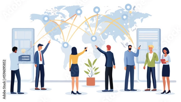 Fototapeta People presenting global network connections on world map with presentation boards and potted plant