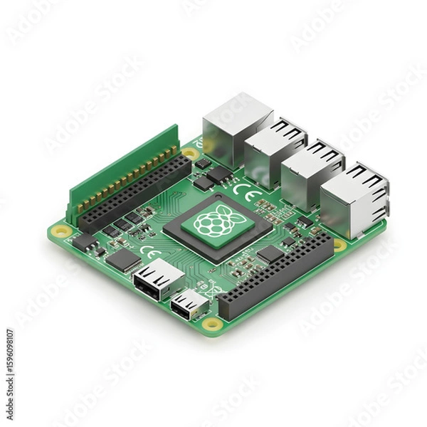Fototapeta A green Raspberry Pi computer board, showcasing its ports and processor.