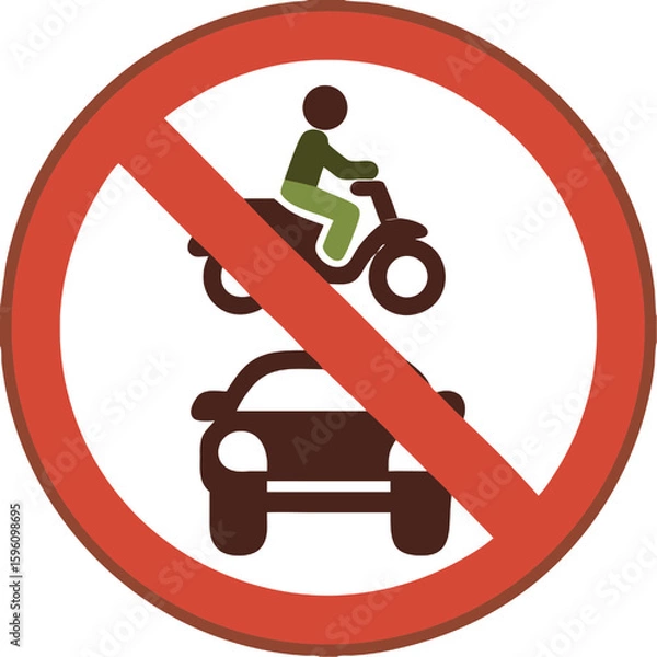 Obraz Red Sign All Motor Vehicles Prohibited. Warning Road Sign. Car and Person Riding Motorcycle. Vector Icon

