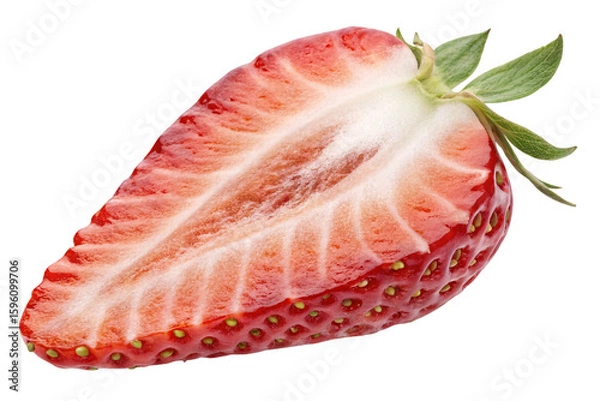 Fototapeta Fresh strawberry slice showing red flesh white center and green leafy top with visible seeds, isolated on transparent background