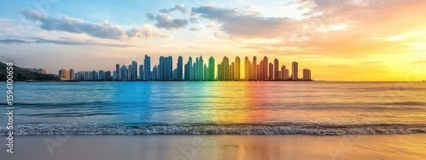 Fototapeta Colorful Cityscape Reflected In Ocean At Sunset
