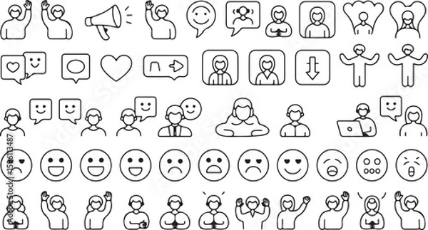 Obraz A versatile collection of black and white line art icons of people, emotions, and communication symbols.