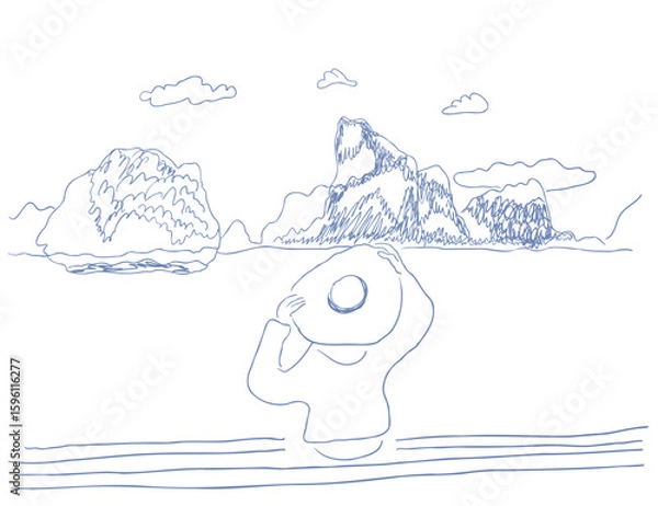 Fototapeta simple scenery of seaside in sketch hand drawn style. Template for decor postcard design print poster background wallpaper wrapping packaging banner backdrop