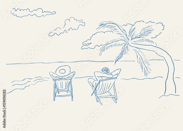 Fototapeta simple scenery of beach in sketch hand drawn style. Template for decor postcard design print poster background wallpaper wrapping packaging banner backdrop