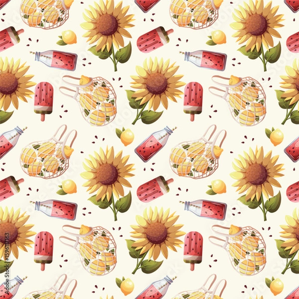 Fototapeta Summer seamless pattern with  sunflower, lemons, watermelon smoothie, popsicle. Vector illustration for scrapbooking, background, wrapping paper.