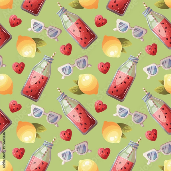 Fototapeta Summer seamless pattern with lemon, watermelon smoothie, sunglasses. Vector illustration for scrapbooking, background, wrapping paper.