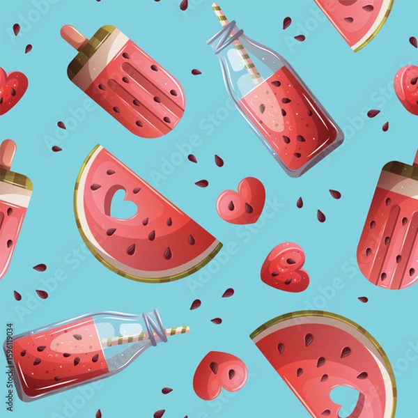 Fototapeta Summer seamless pattern with watermelon slice, smoothie, popsicle.  Vector illustration for scrapbooking, background, wrapping paper.	