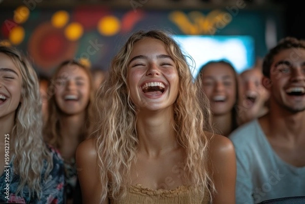 Obraz Happy Friends Entertaining Each Other at Indoor Party