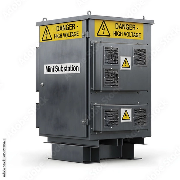 Fototapeta Mini substation with warning signs for high-voltage transformer