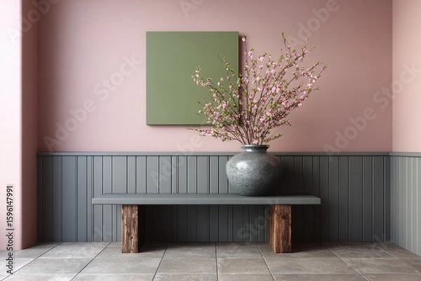 Fototapeta Elegant entryway with a modern bench grey vase and dried floral arrangement against a pink wall