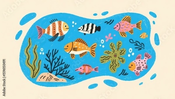 Fototapeta Colorful cartoon fish swimming in a vibrant blue underwater scene with seaweed, coral, and bubbles.