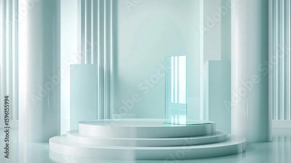 Obraz Elegant modern minimalist stage with white circular platform illuminated by soft blue lighting in a futuristic setting with tall columns and glass panels